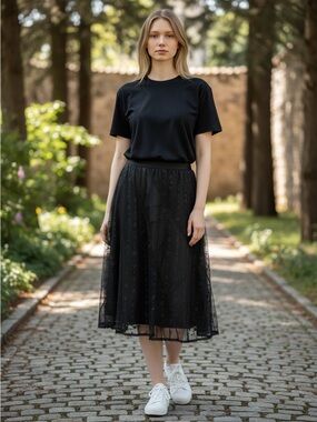 Express Black Lace Midi Skirt with Sheer Overlay